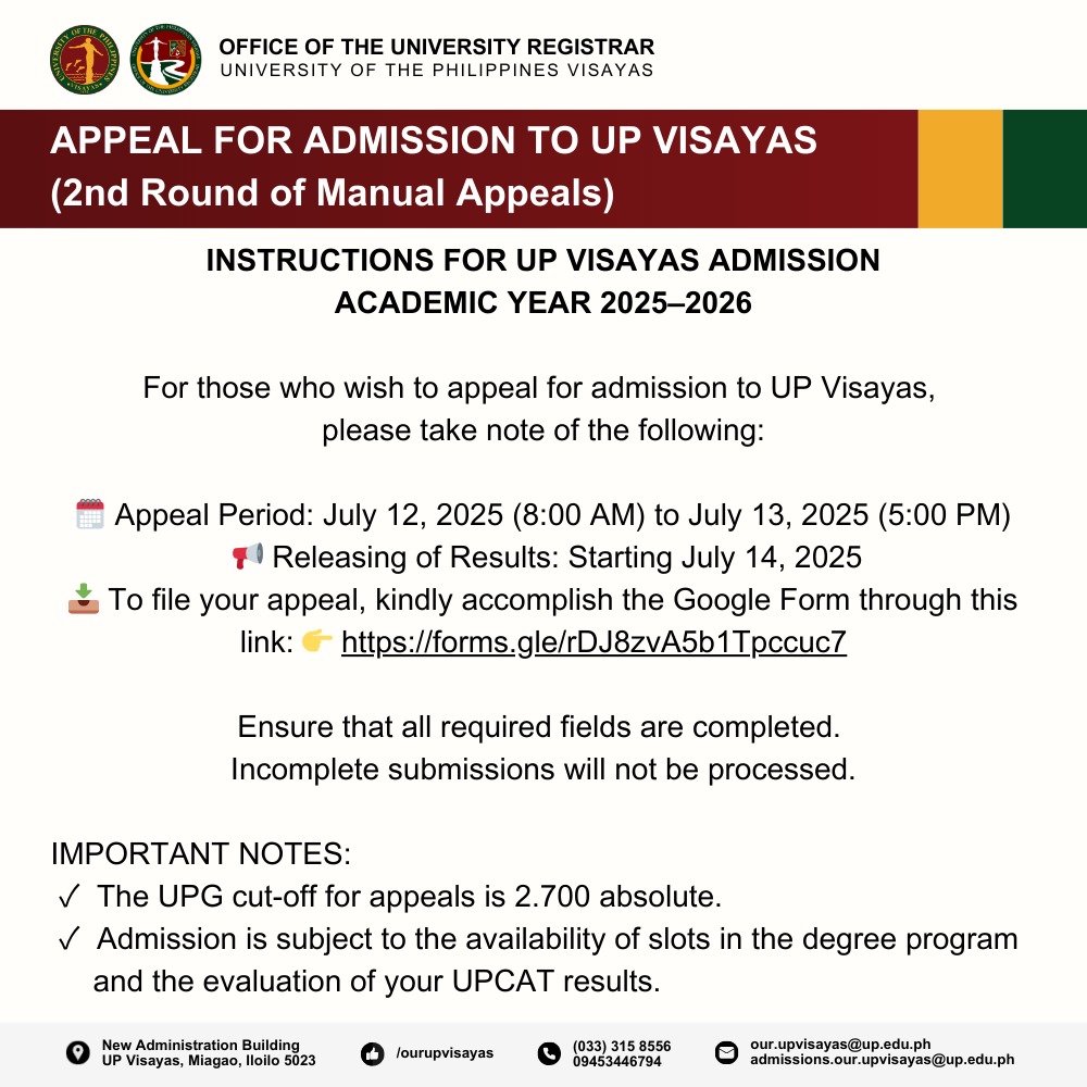 Appeal for Admission to UP Visayas (2nd Round of Manual Appeals)